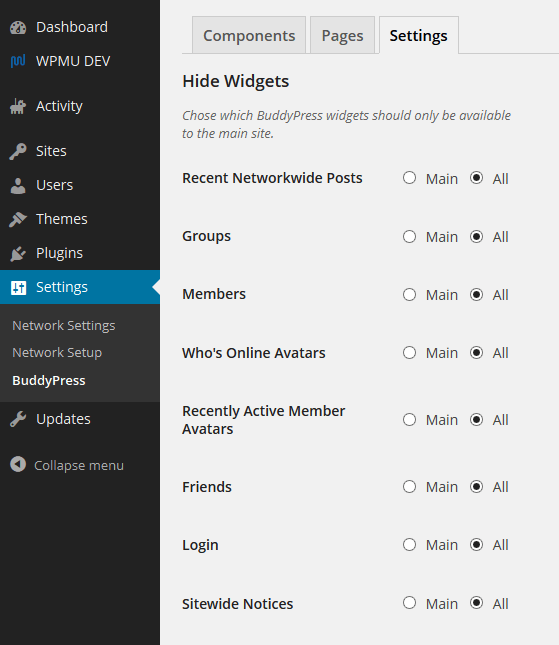WPMU DEV – BuddyPress Hide Widgets